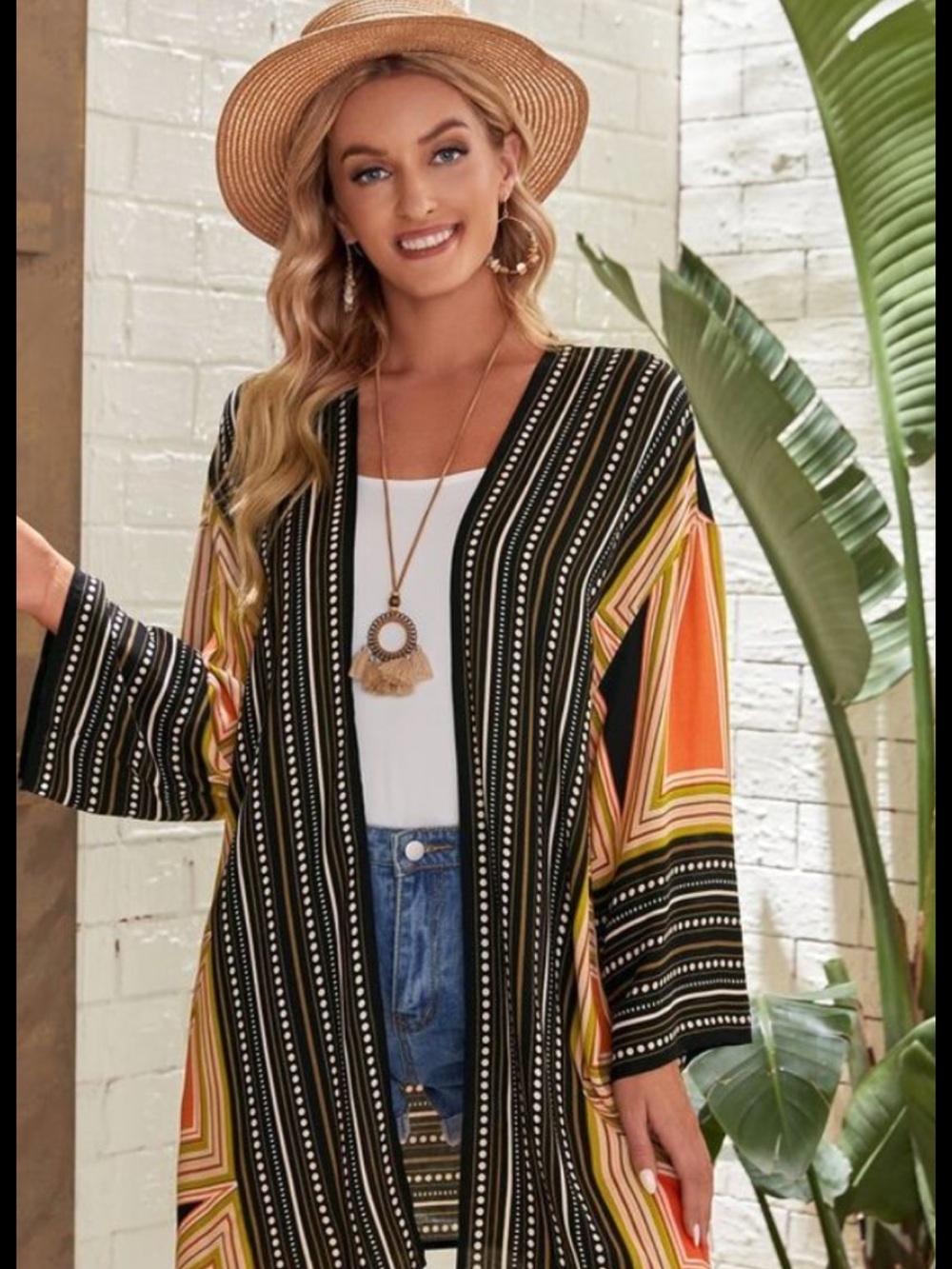 Emery Rose Kimono small open front geo print black peach festival boho summer